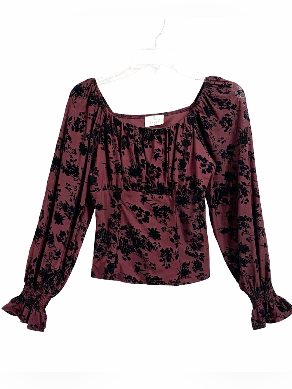 Ember Velvet Burnout Whimsigoth Milkmaid Top Womens M Burgundy Babydoll Sheer